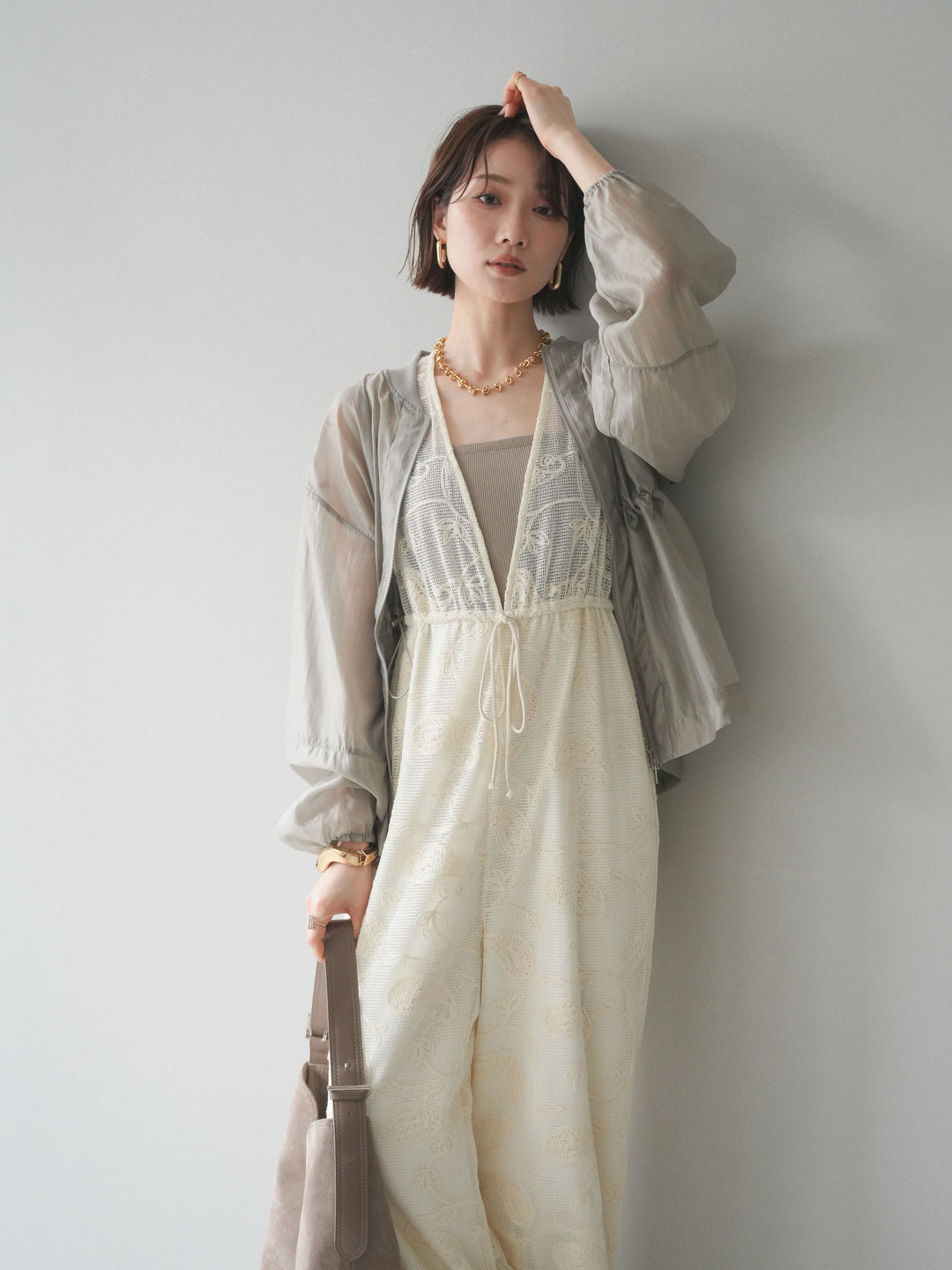 [SET]レース刺繍サロペット+ドロストシアーブルゾン(2set)