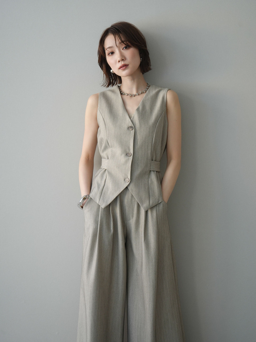 [予約]サイド切替ヘリンボーンベスト/beige