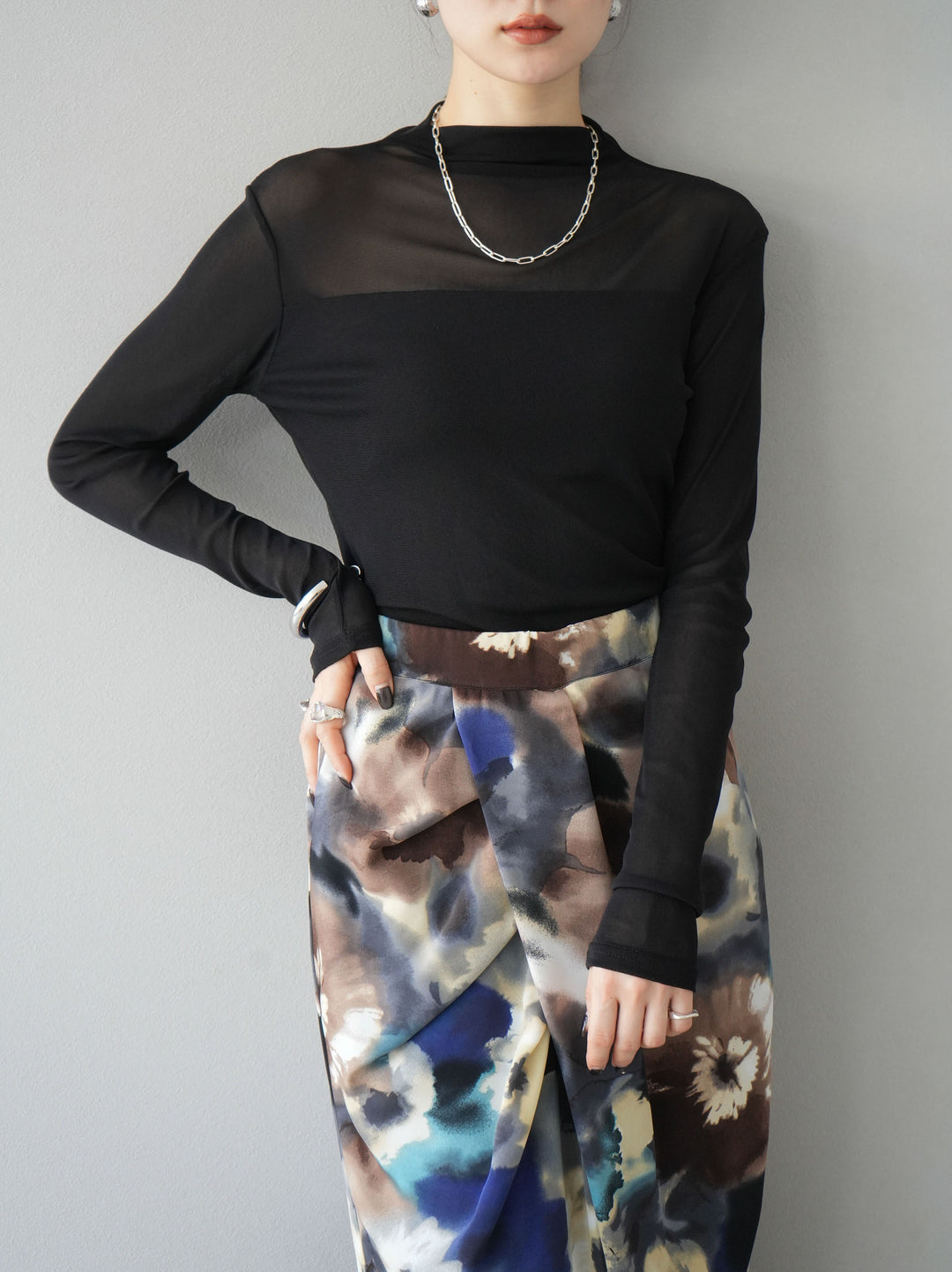 [SET]シアー切替ストレッチ長袖トップス+シアー切替ストレッチトップス(2set)