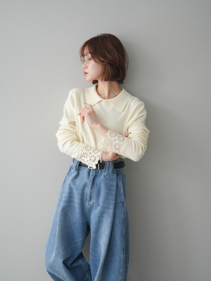 [予約]スカラップレース袖襟付きニットトップス/ivory