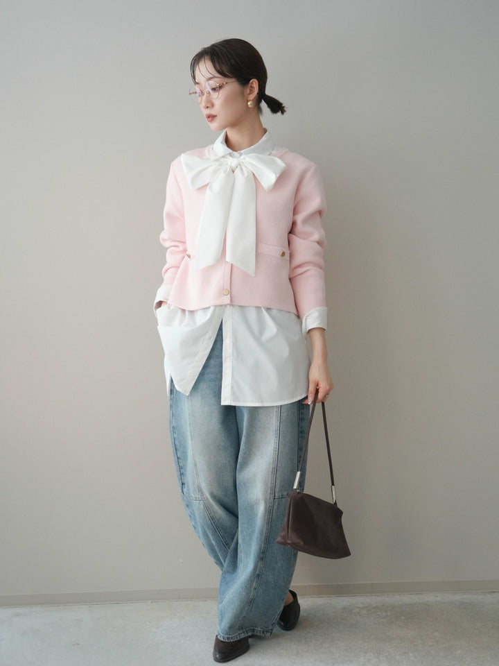 [SET]ゴールドボタンノーカラーニットジャケット+ボウタイ付オーバーシャツ+ガーメントウォッシュカーブデニムパンツ(3set)