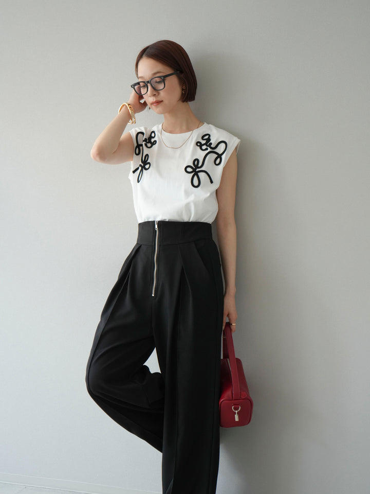 [SET]コード刺繍フレンチスリーブTシャツ+ジップタックワイドパンツ(2set)