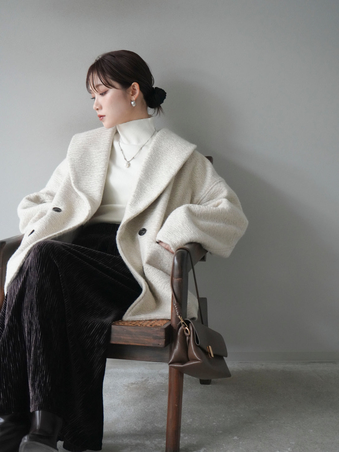 [予約]ロービング襟付きミドルコクーンコート/ivory