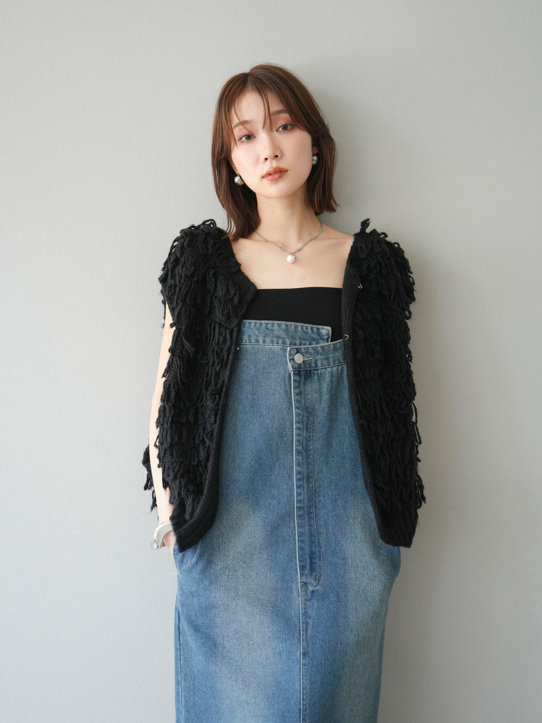 [SET]ループデザインベスト+アシンメトリーデニムワンピース(2set)