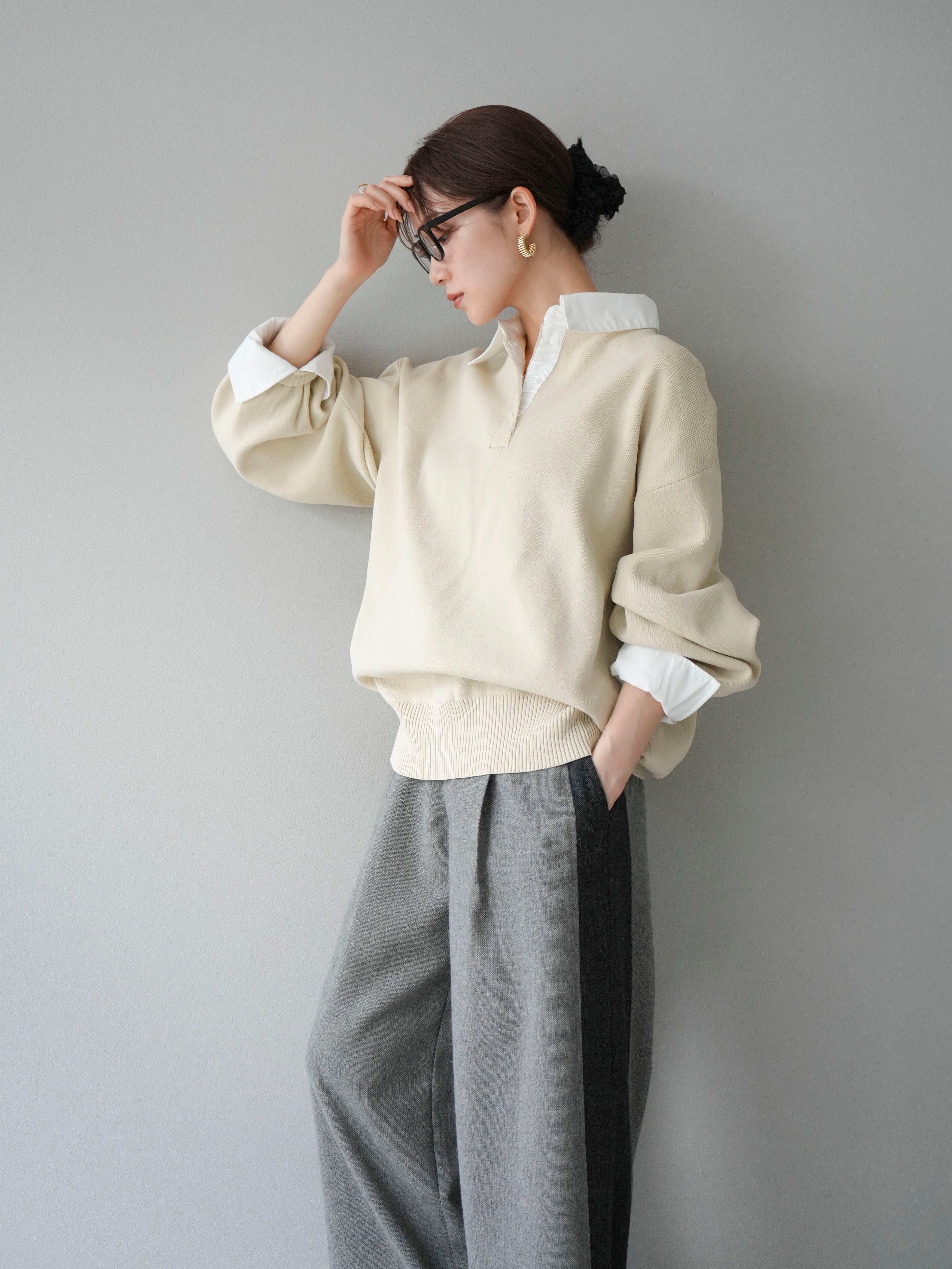 【新品タグ付き】組曲　襟付き　2way ニットセーター 半袖 シルバーグレー　L SET]襟付きポロニットプルオーバー+ツイードサイド配色ワイドパンツ