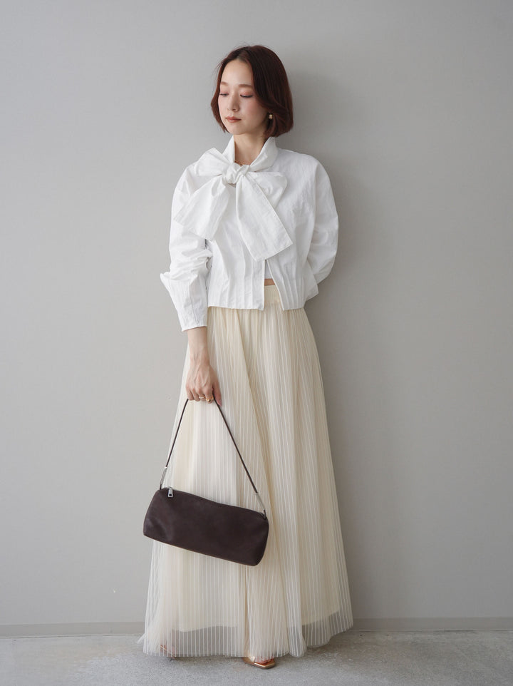 [SET]ボウタイ裾プリーツライトジャケット+ストライプチュールボリュームバギーパンツ(2set)