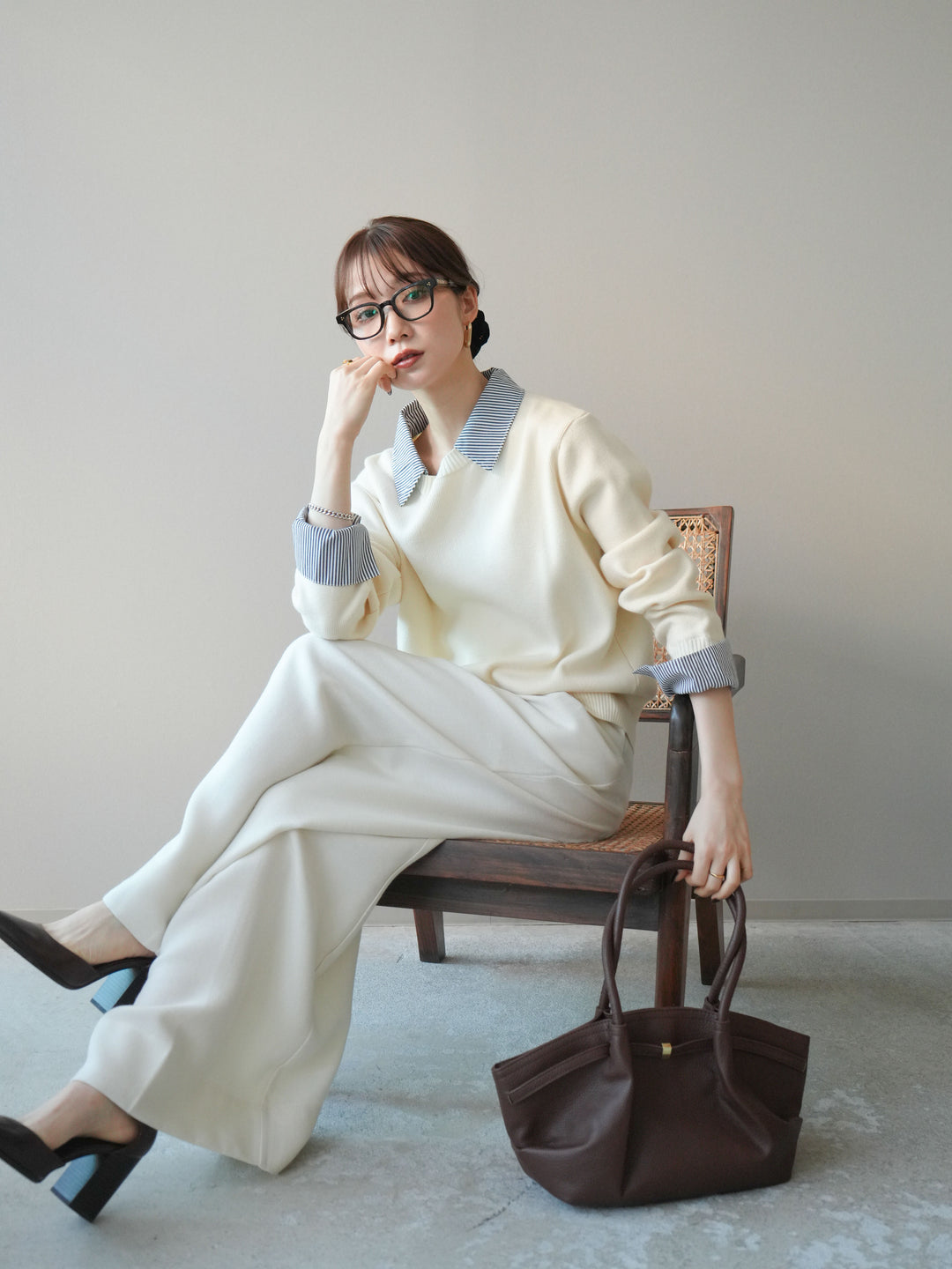 [予約]シャツドッキングデザイン裾ボタンニットプルオーバー/beige