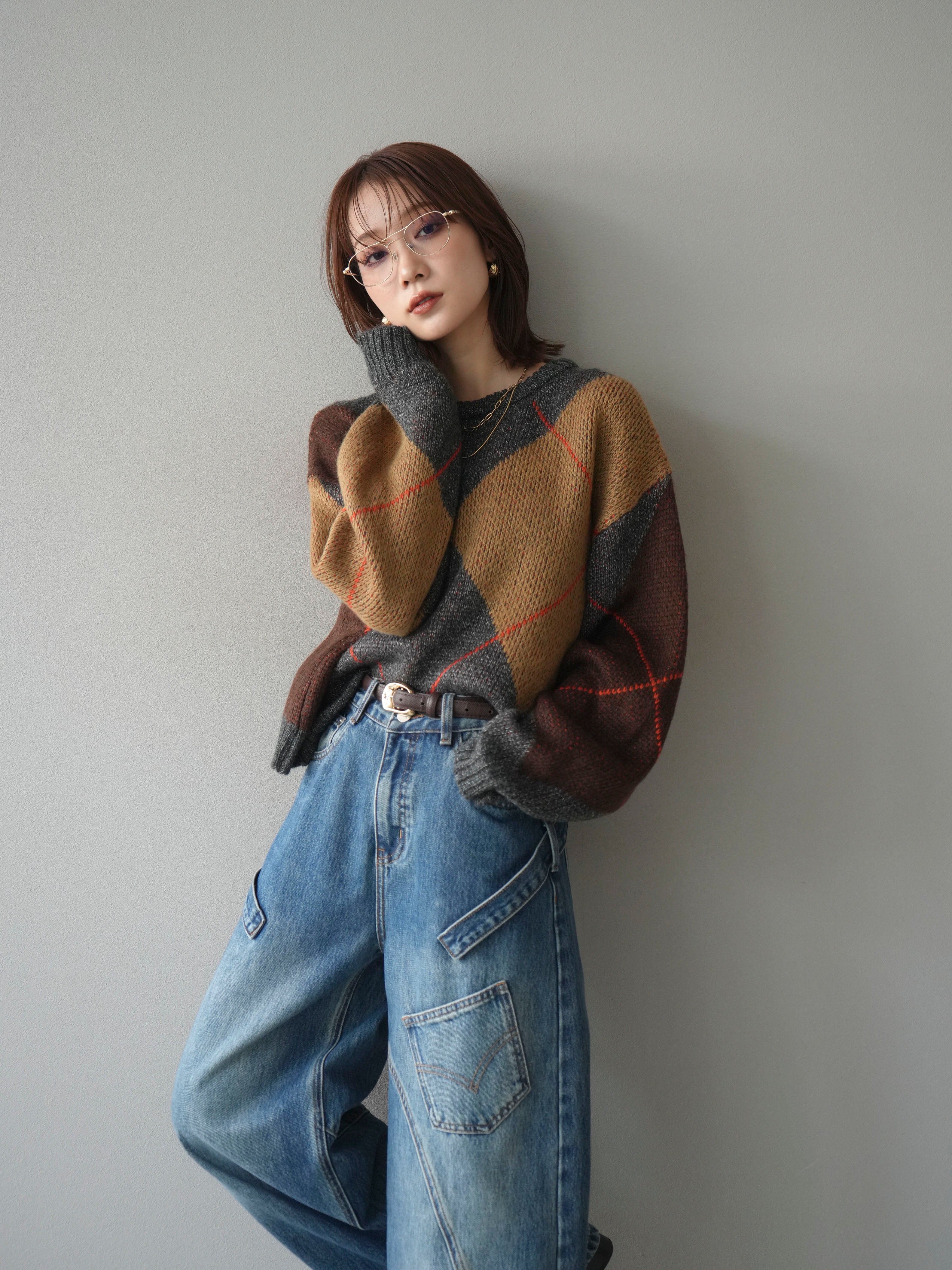 予約]配色ステッチアーガイル柄ニットプルオーバー/charcoal – Lumier