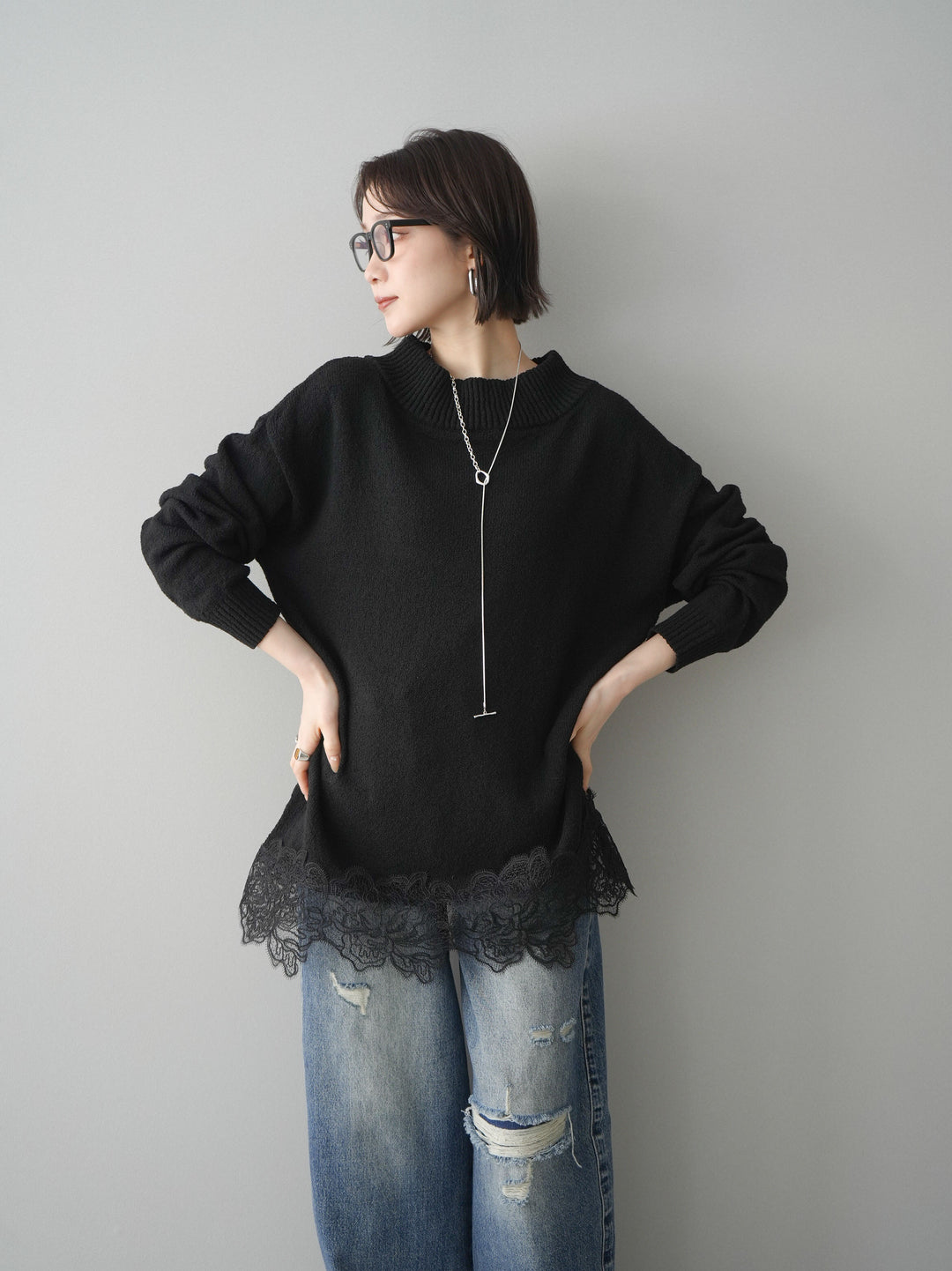 [SET]アシンメトリーレースヘムニットプルオーバー+ダメージデニムセミワイドパンツ(2set)