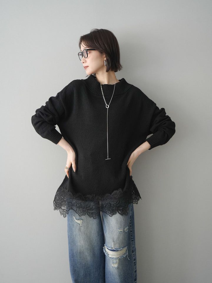 [SET]アシンメトリーレースヘムニットプルオーバー+ダメージデニムセミワイドパンツ(2set)