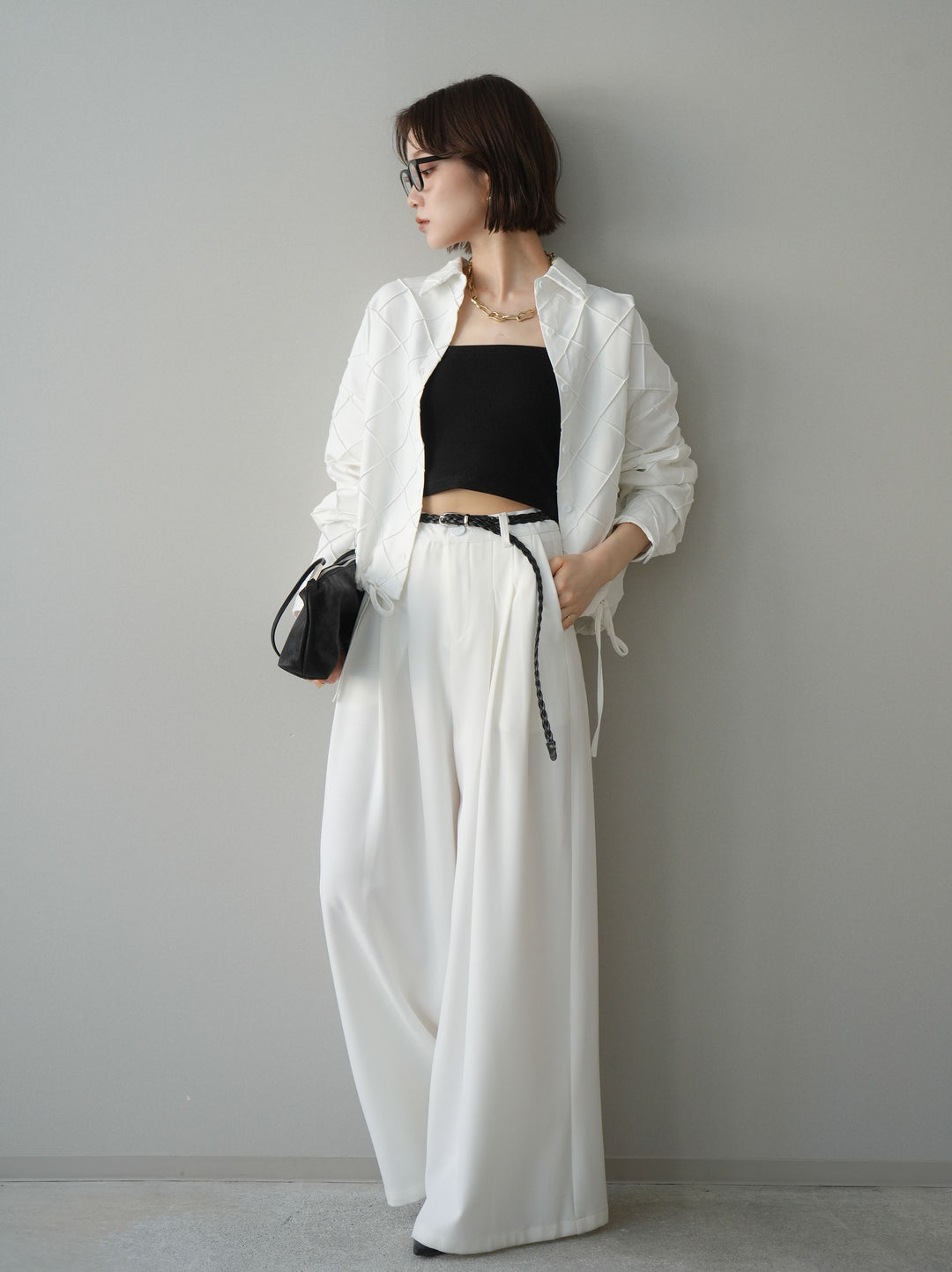 [予約]編み込みベルト付タックワイドパンツ/white