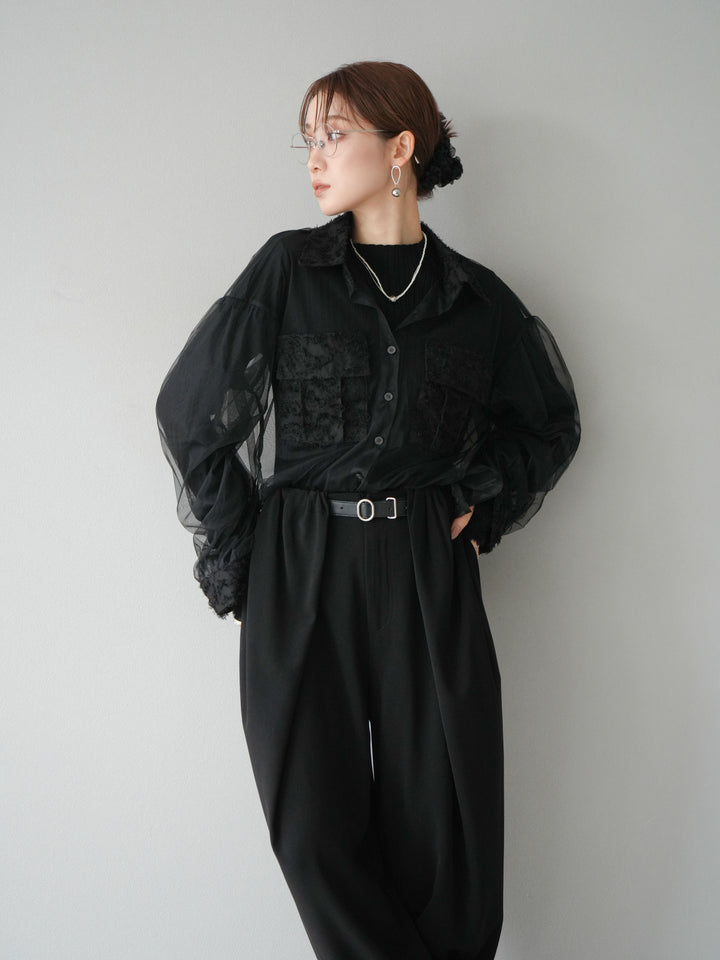 [SET]フリンジジャガード×チュールレイヤードシャツ+アームシャギーランダムリブニットトップス+ベルト付タックワイドパンツ(3set)