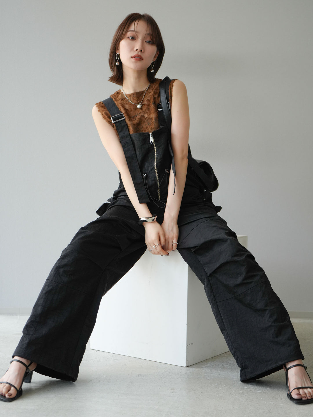 [予約]ナイロンタックデザインサロペット/ブラック