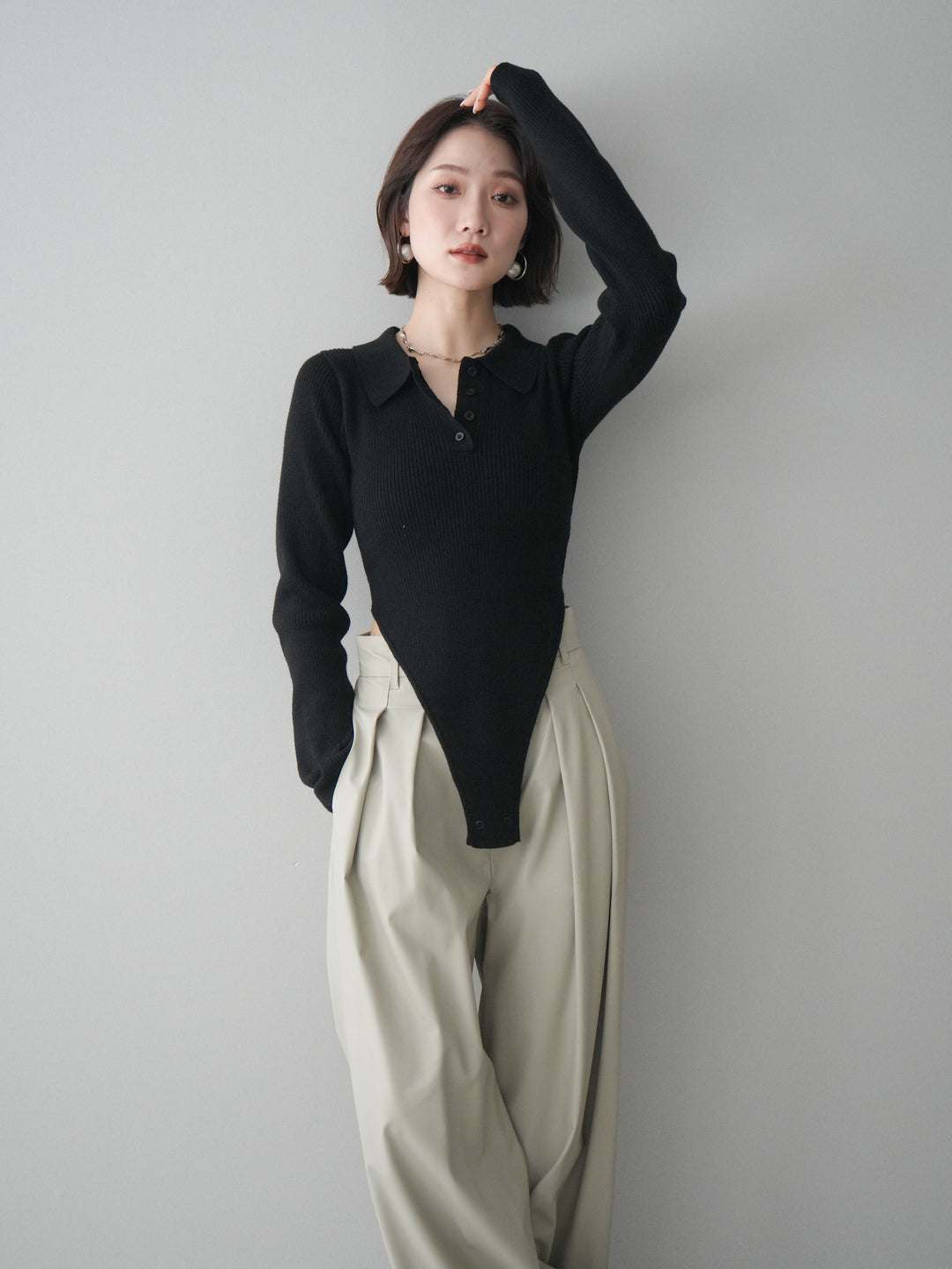 [予約]リブポロニットボディスーツ/black