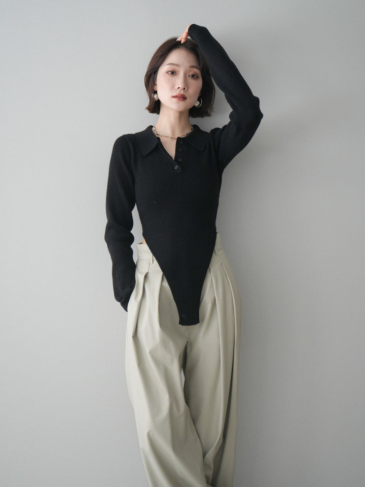 [予約]リブポロニットボディスーツ/black