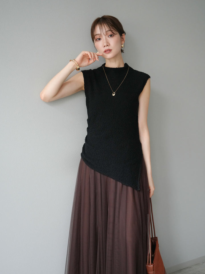 [SET]ブークレアシメニットノースリーブトップス+チュールボリュームスカート(2set)