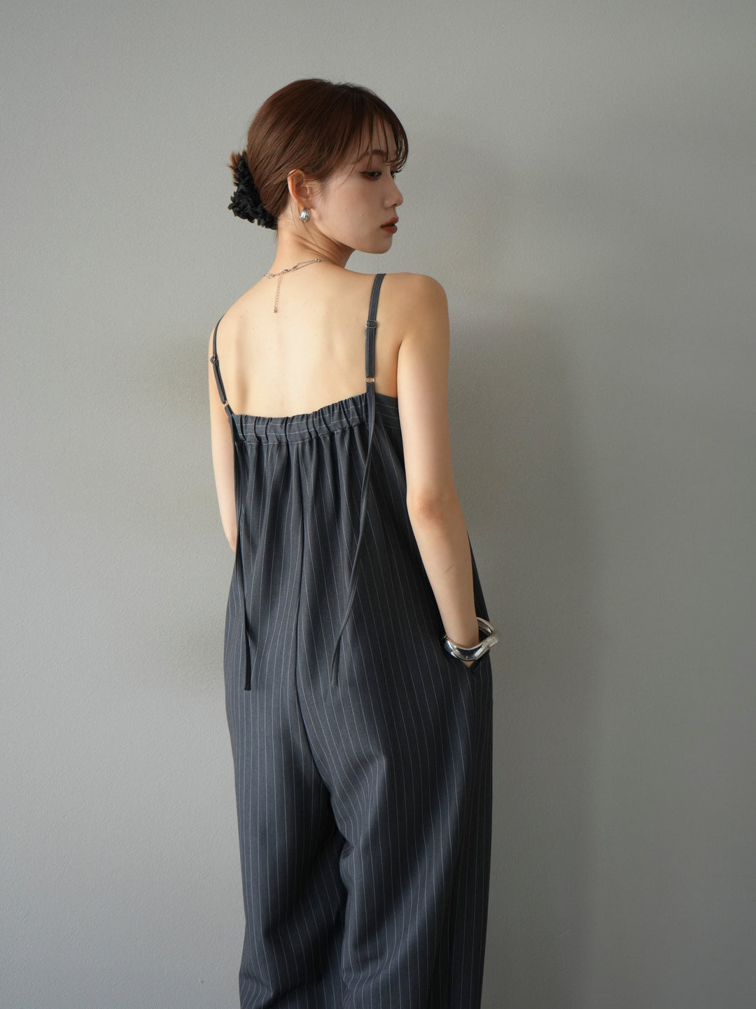 [予約]サテン切替ピンストライプサロペット/グレー