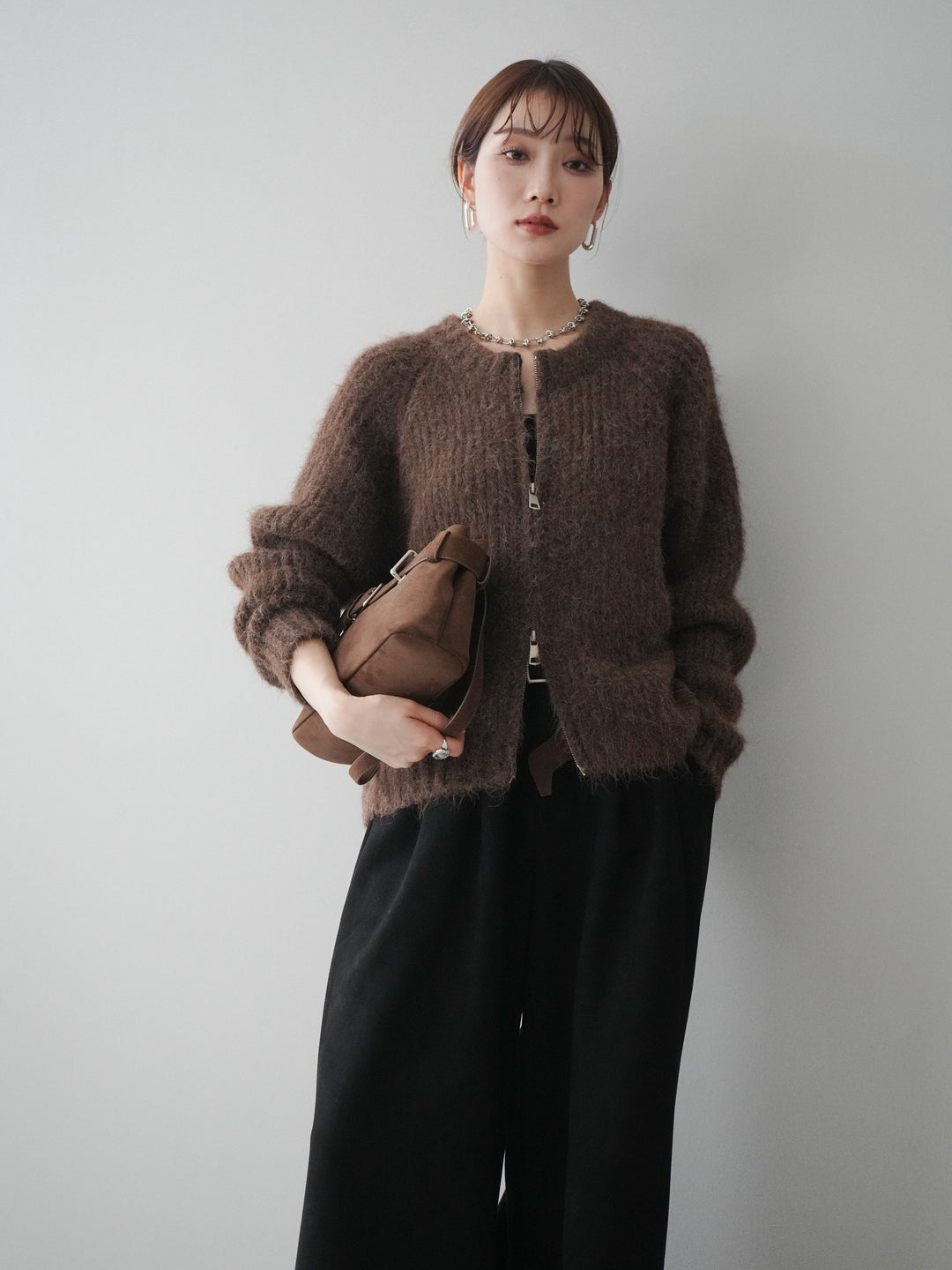 [予約]MIXヤーンモヘアタッチZIPニットカーディガン/brown