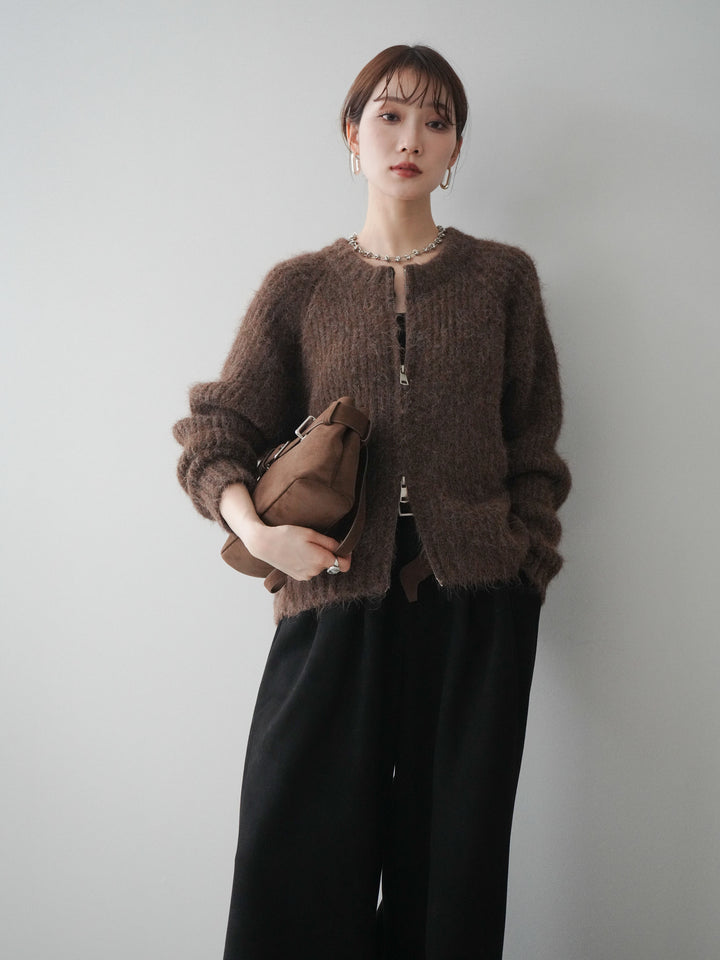 [予約]MIXヤーンモヘアタッチZIPニットカーディガン/brown