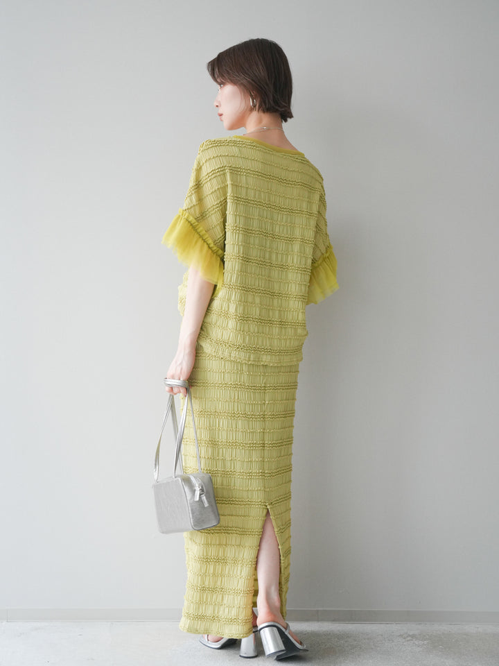 [SET]チュール袖リップルトップス+リップルIラインスカート(2set)