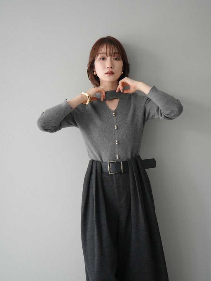 [予約]チョーカーデザインボタンリブニットトップス/gray