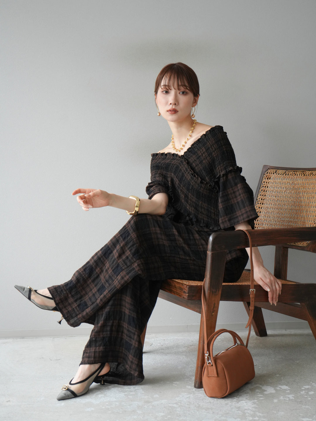 [予約]チェック柄ハーフスリーブシャーリングクロスサロペット/ブラウン