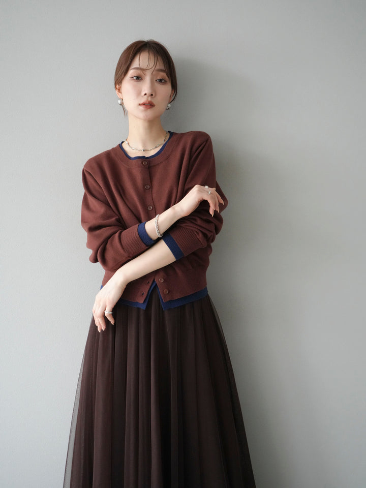 [SET]配色レイヤードカーディガン+チュールボリュームスカート(2set)