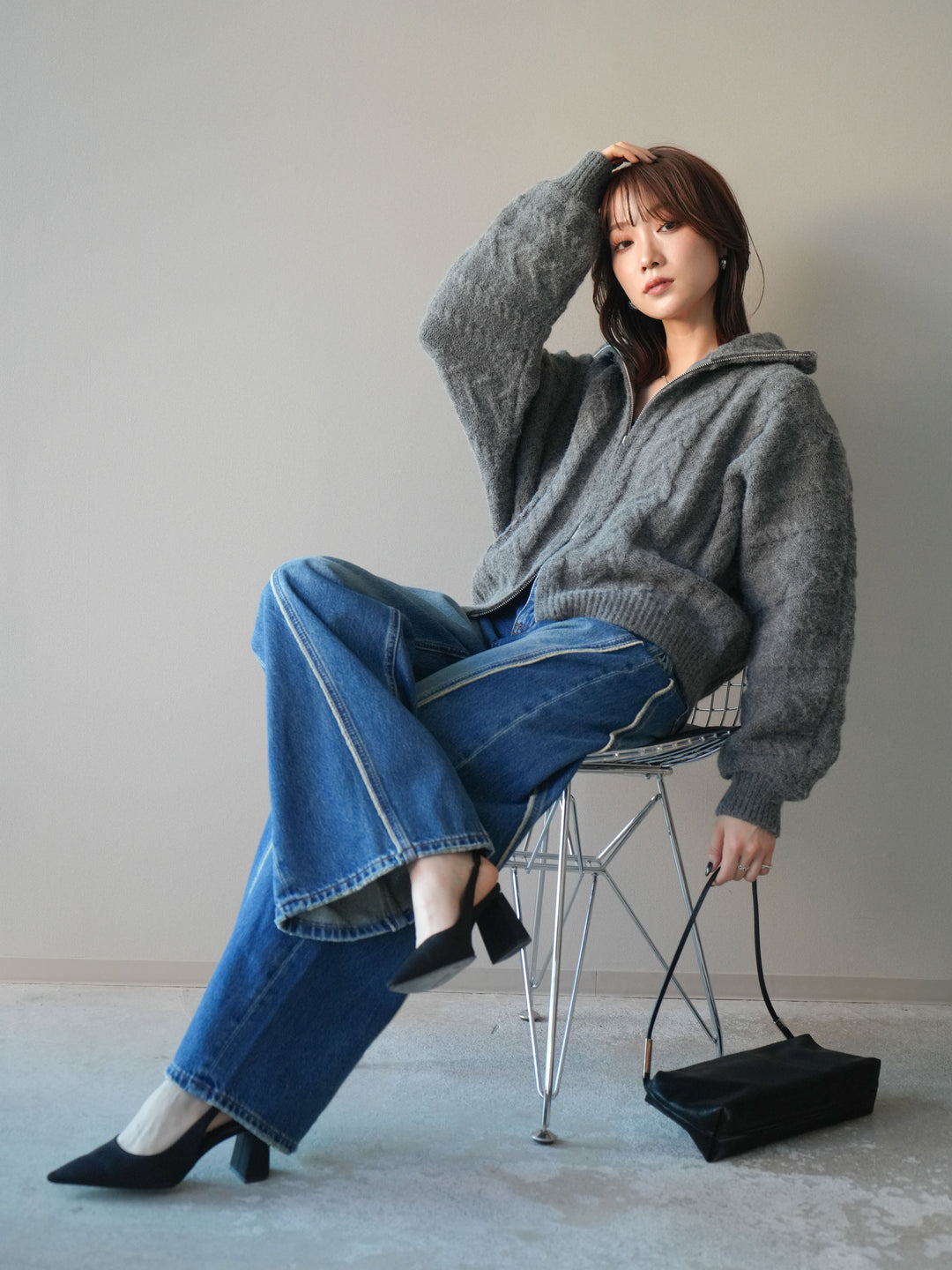 [SET]ケーブル編みハイネックZIPニットカーディガン+ケーブル編みハイネックZIPニットカーディガン(2set)