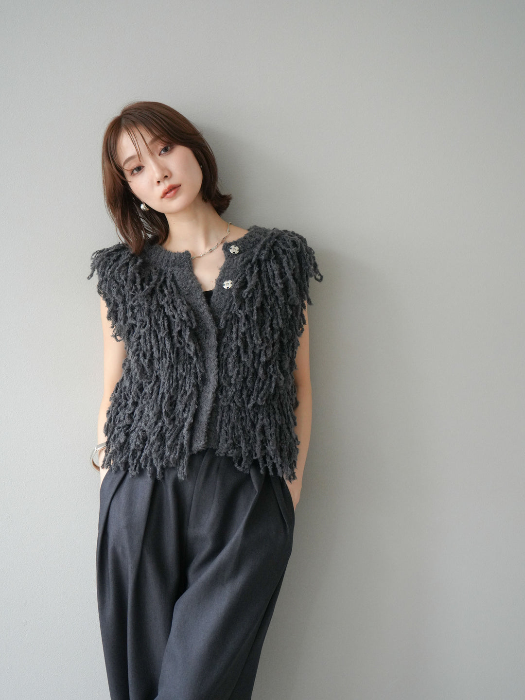 [予約]フリンジループニットベスト/チャコール