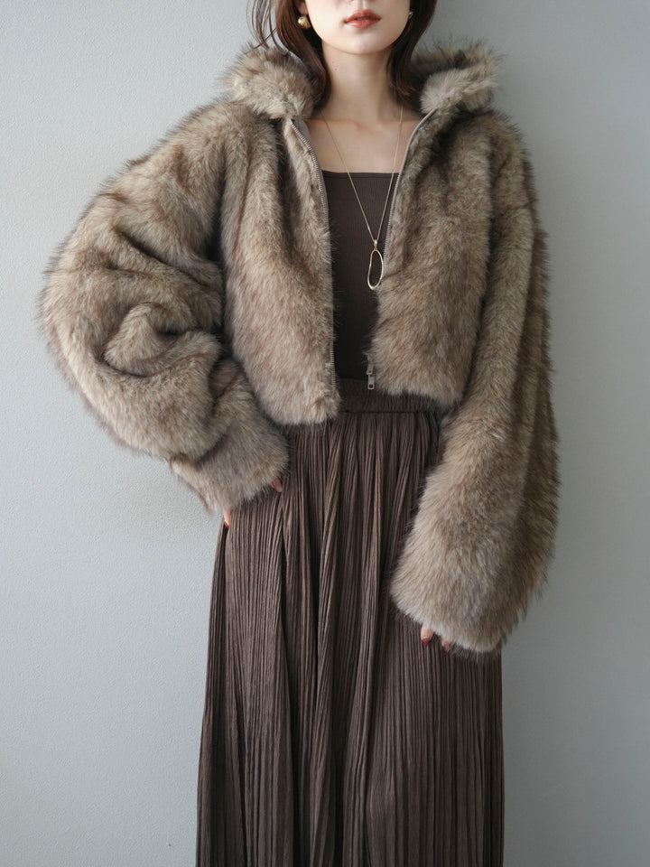 [予約]フェイクファーショートZIPジャケット/brownmix