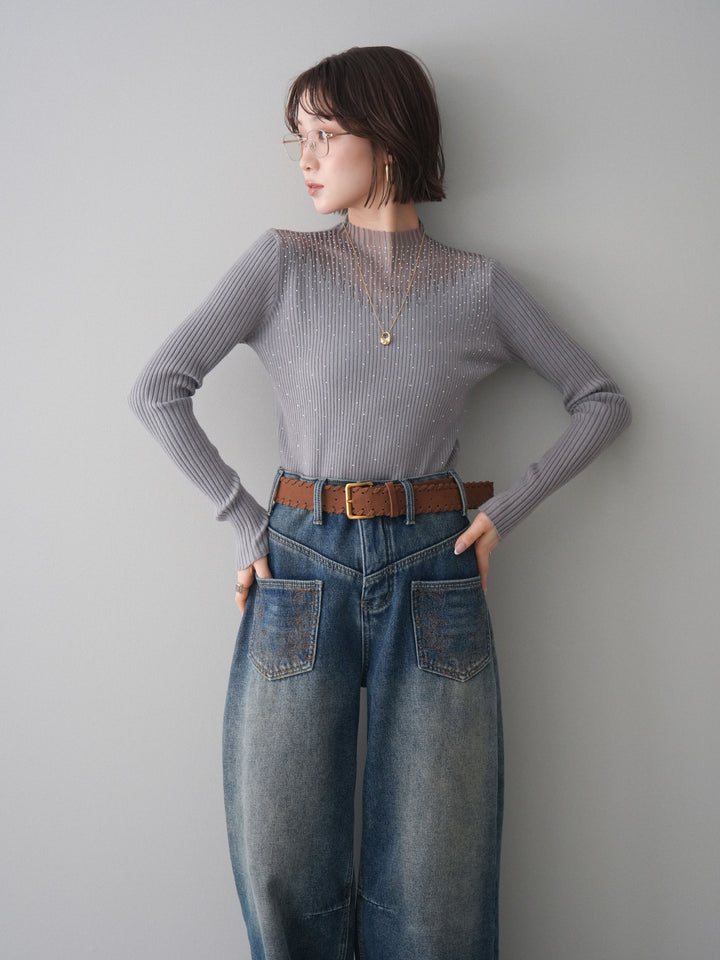[SET]シアー切替スパンコールリブニットトップス+ベルト付ポケット刺繍カーブデニムパンツ(2set)
