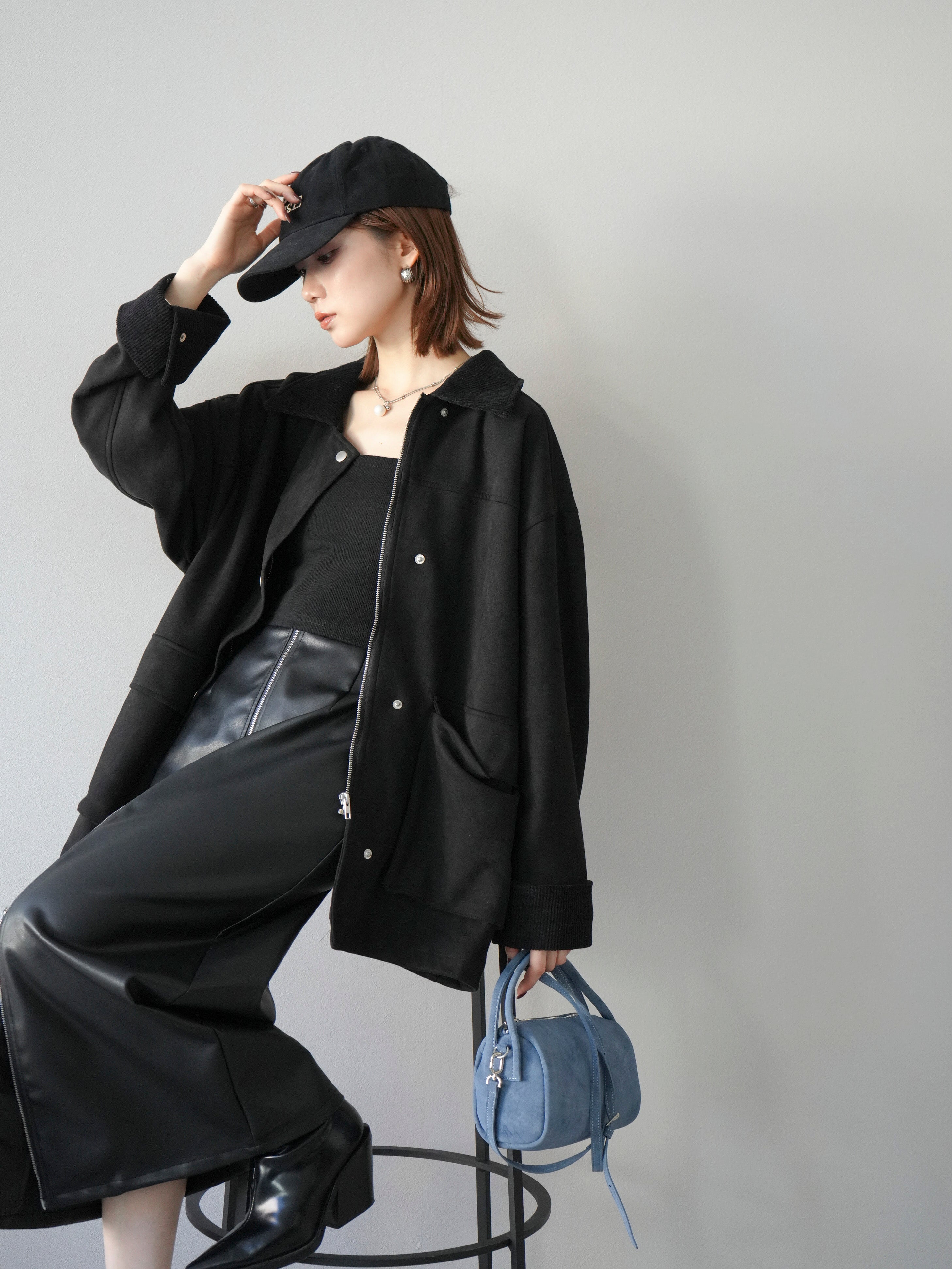 予約]コーデュロイ襟スウェードミドルジャケット /ブラック – Lumier