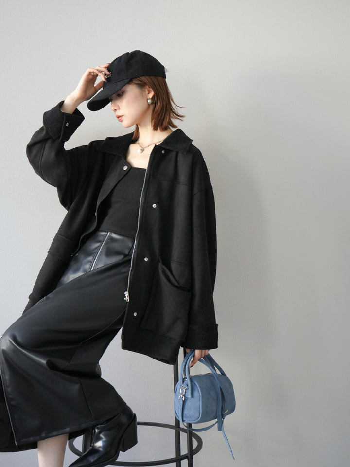 [予約]コーデュロイ襟スウェードミドルジャケット /ブラック