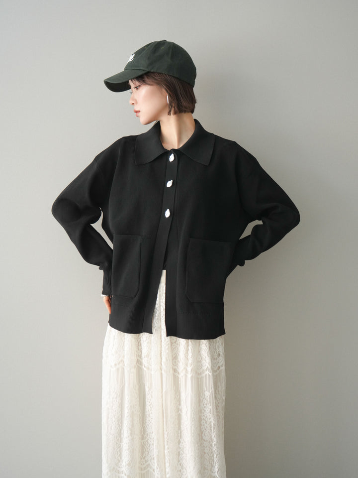 [予約]メタルボタン襟付きポリエステルニットカーディガン/black