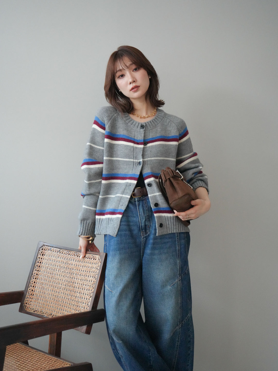 [予約]ランダムボーダーニットカーディガン/gray
