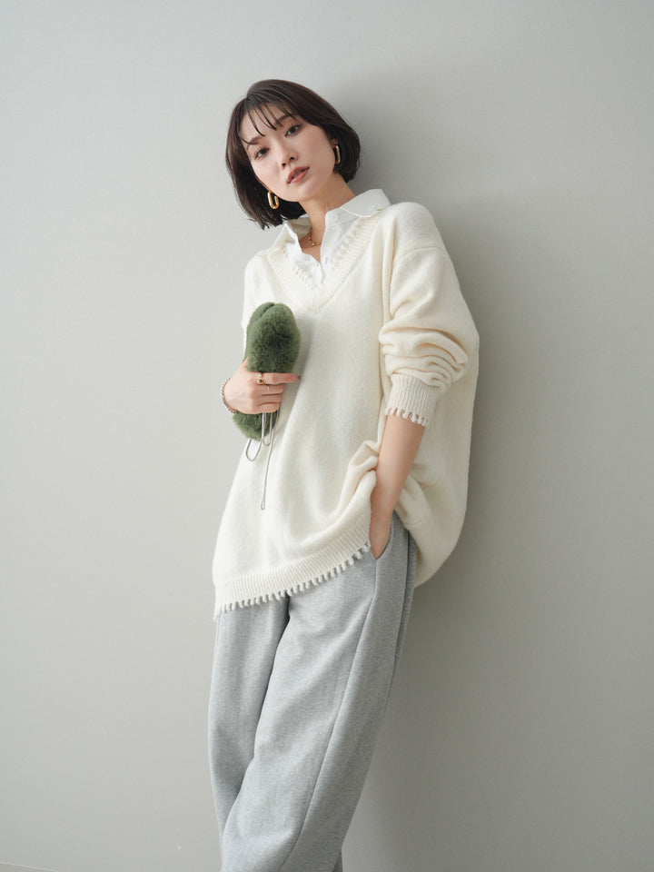 [SET]シャツドッキングVネックフリンジニットプルオーバー+選べるアクセセット(2set)