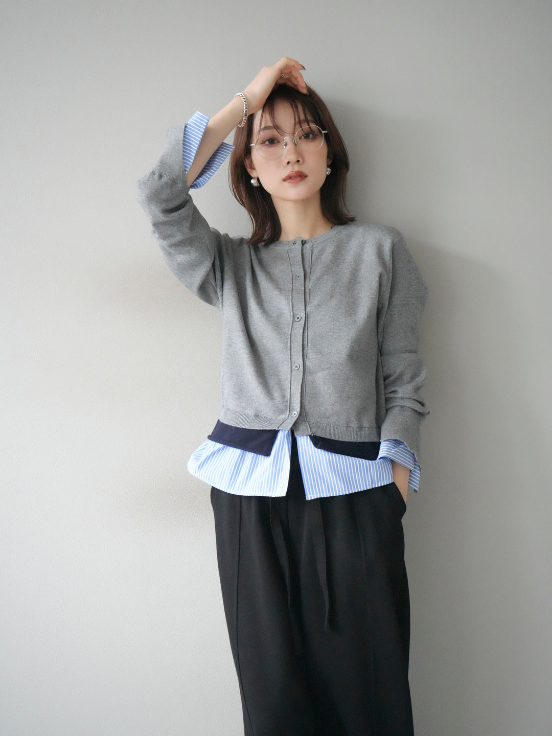 [SET]シャツ襟レイヤードニットカーディガン+ベルト付スウェットワイドパンツ(2set)