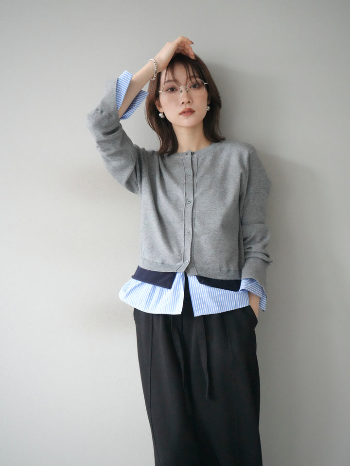 [SET]シャツ襟レイヤードニットカーディガン+ベルト付スウェットワイドパンツ(2set)