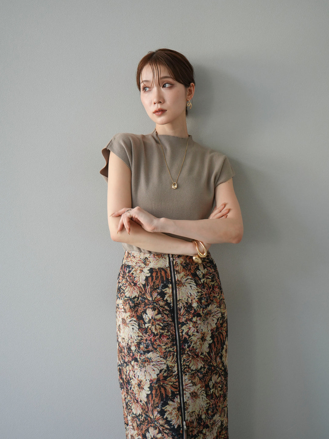 [SET]プチネックフレンチニットトップス+ゴブランフロントジップタイトスカート(2set)