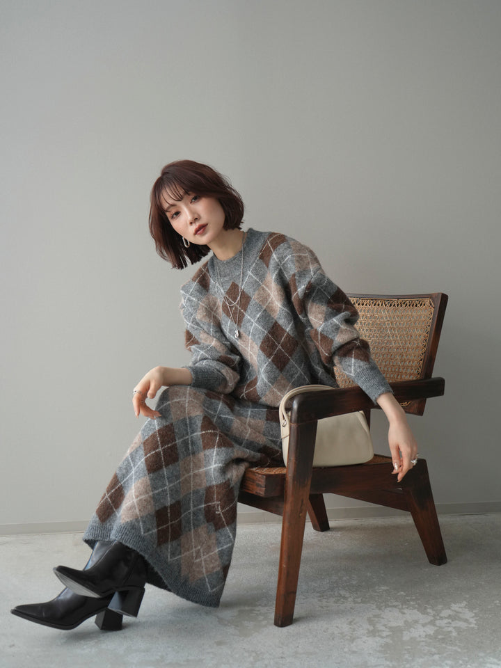 [SET]アーガイルニットプルオーバー&ロングスカートSET UP+選べるアクセセット(2set)