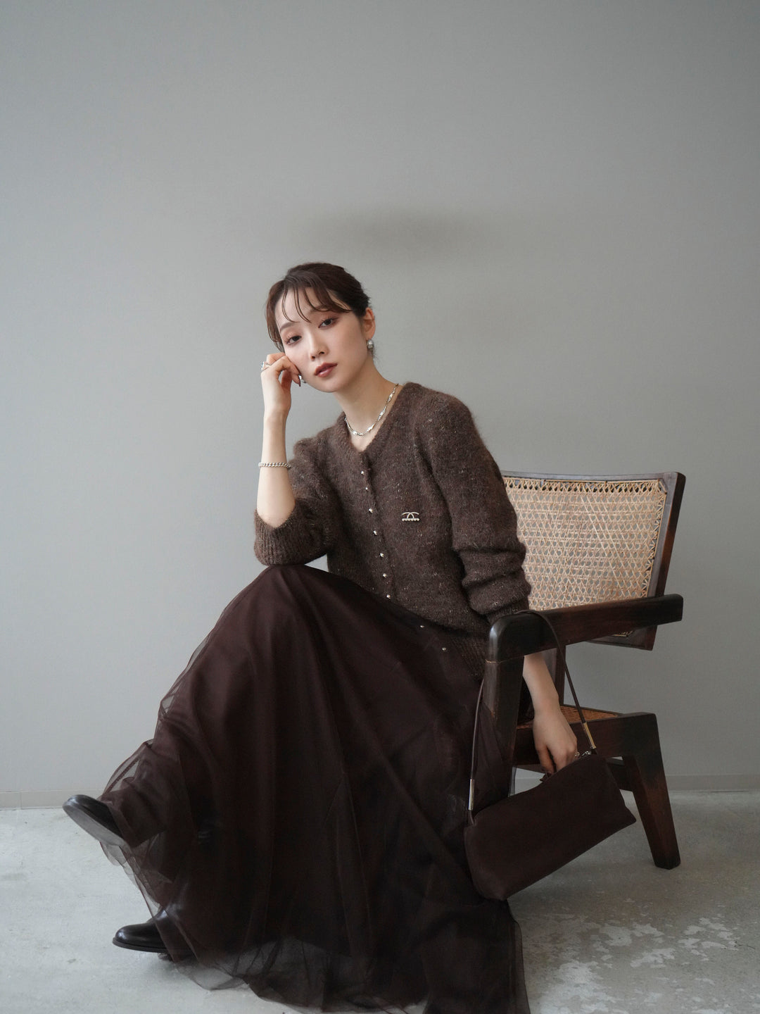 [予約]ブローチ付silverボタンミックスニットカーディガン/brown