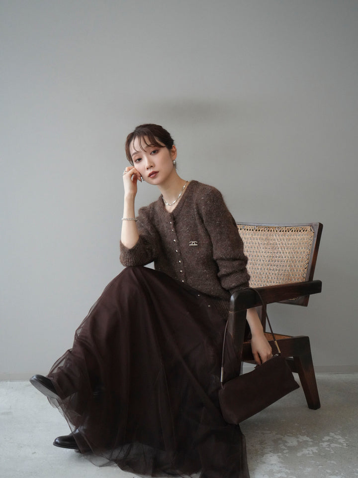 [予約]ブローチ付silverボタンミックスニットカーディガン/brown