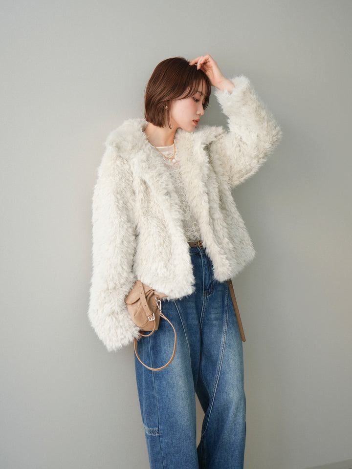 [SET]フェイクファー襟付きショートブルゾン+チュールレーストップス(2set)