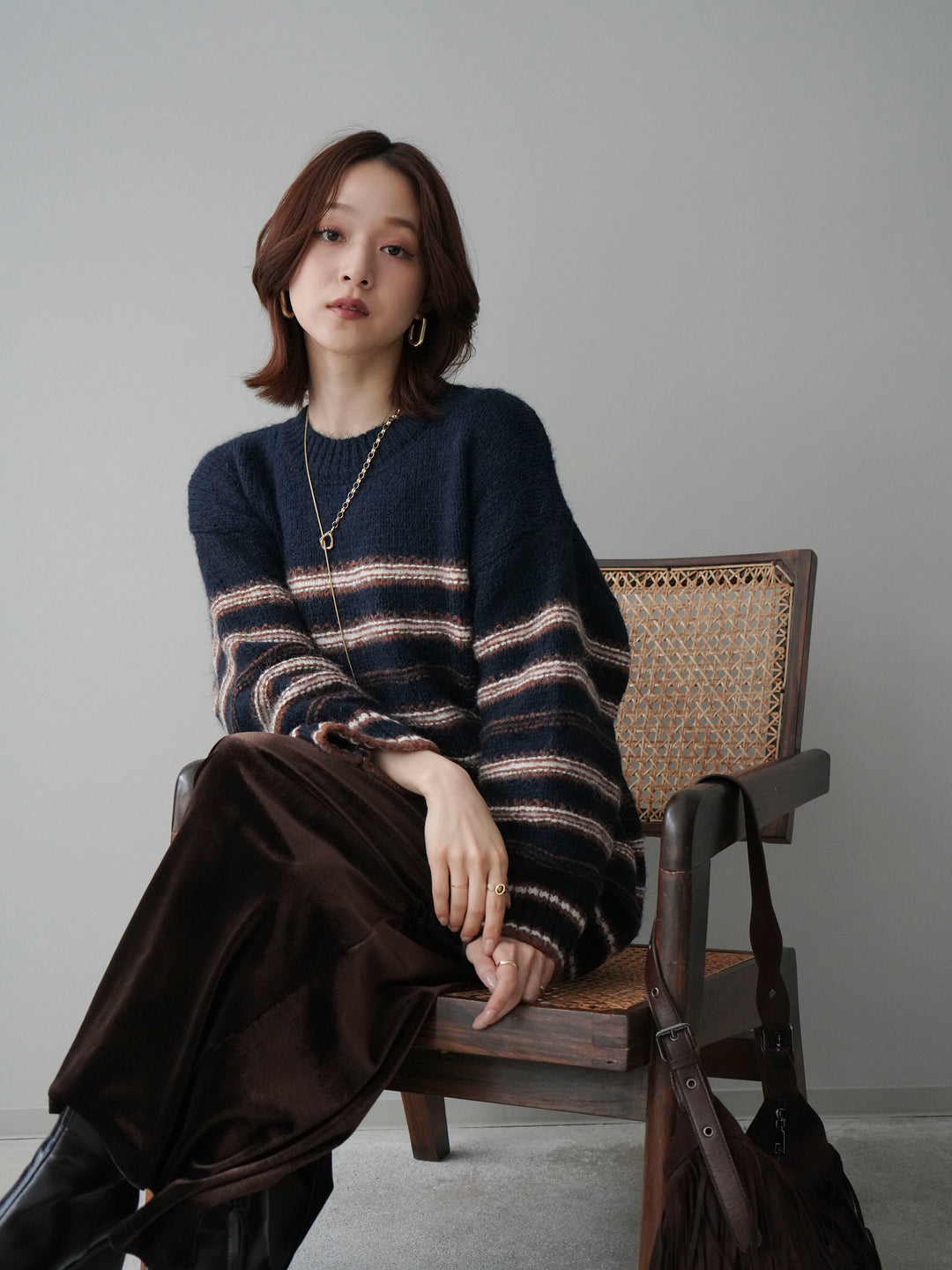 [SET]ステッチボーダーニットプルオーバー+選べるアクセセット(2set)