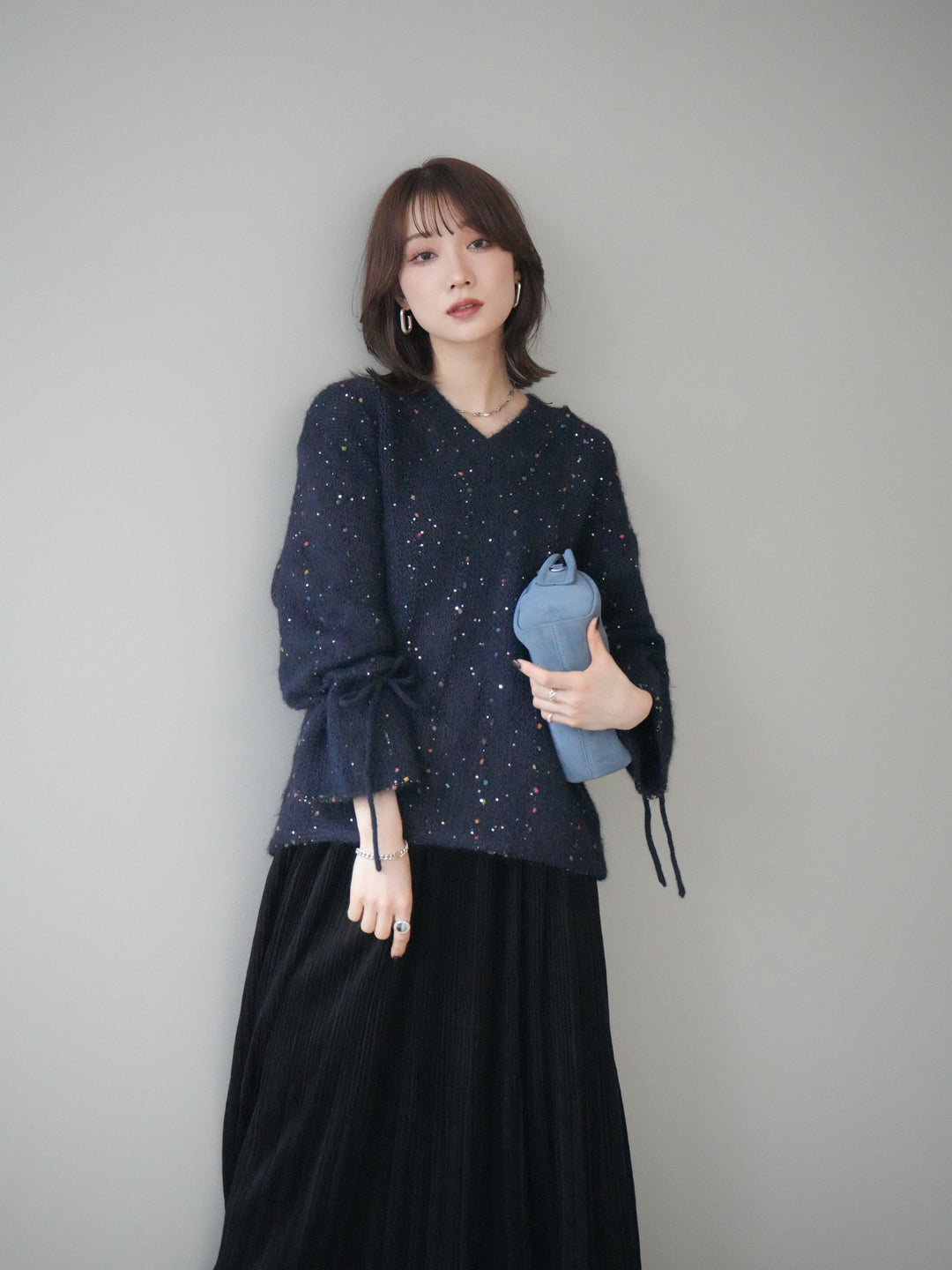 [予約]キャンディースリーブカラーネップスパンコールニットプルオーバー/navy