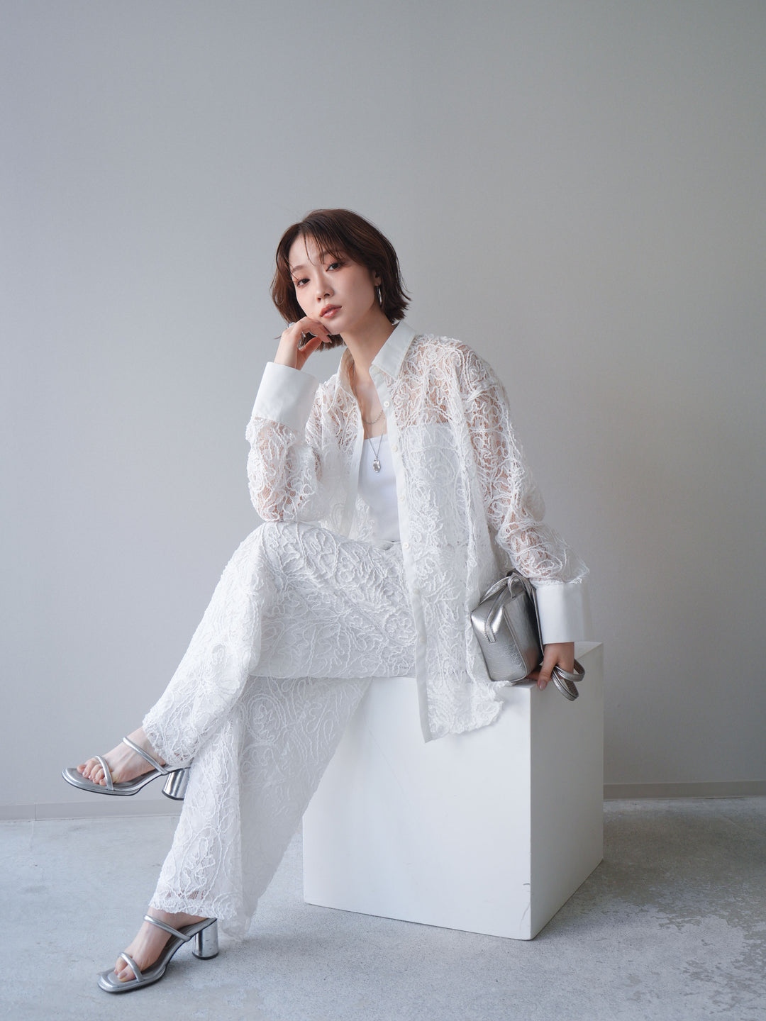 [SET]シアーコードレースオーバーシャツ+シアーコードレースイージーパンツ(2set)