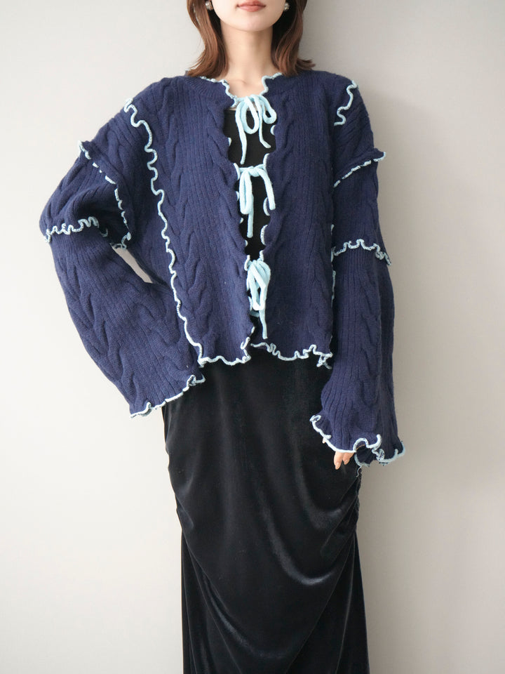 [予約]フロントリボン配色メローニットカーディガン/navy