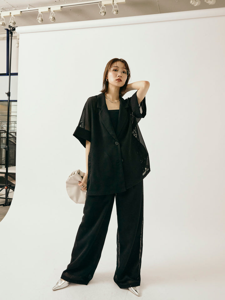 [予約]メッシュタックワイドパンツ/ブラック