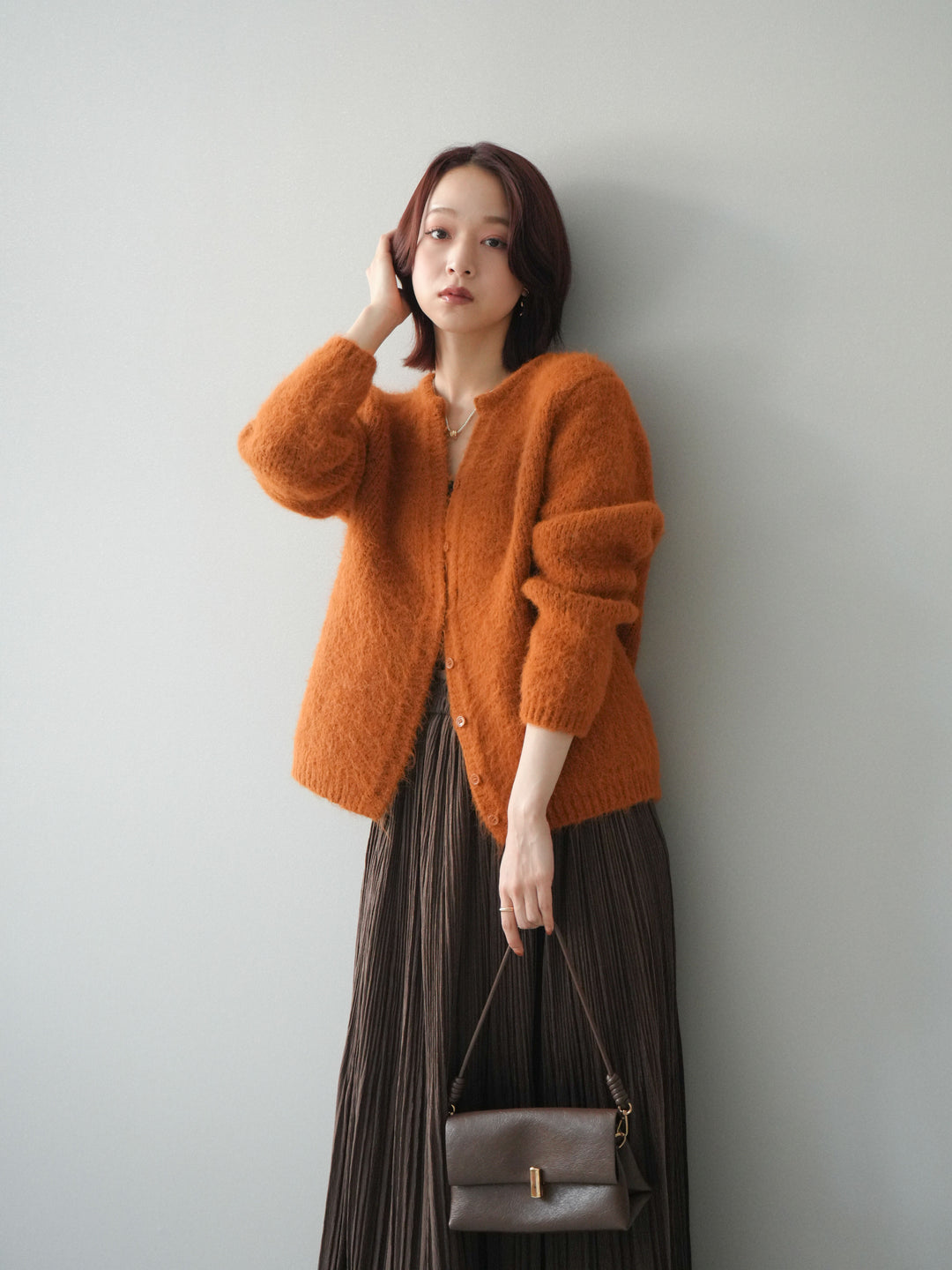 [予約]キーネックシャギーニットカーディガン/camel