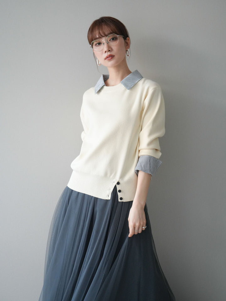 [予約]シャツドッキングデザイン裾ボタンニットプルオーバー/beige